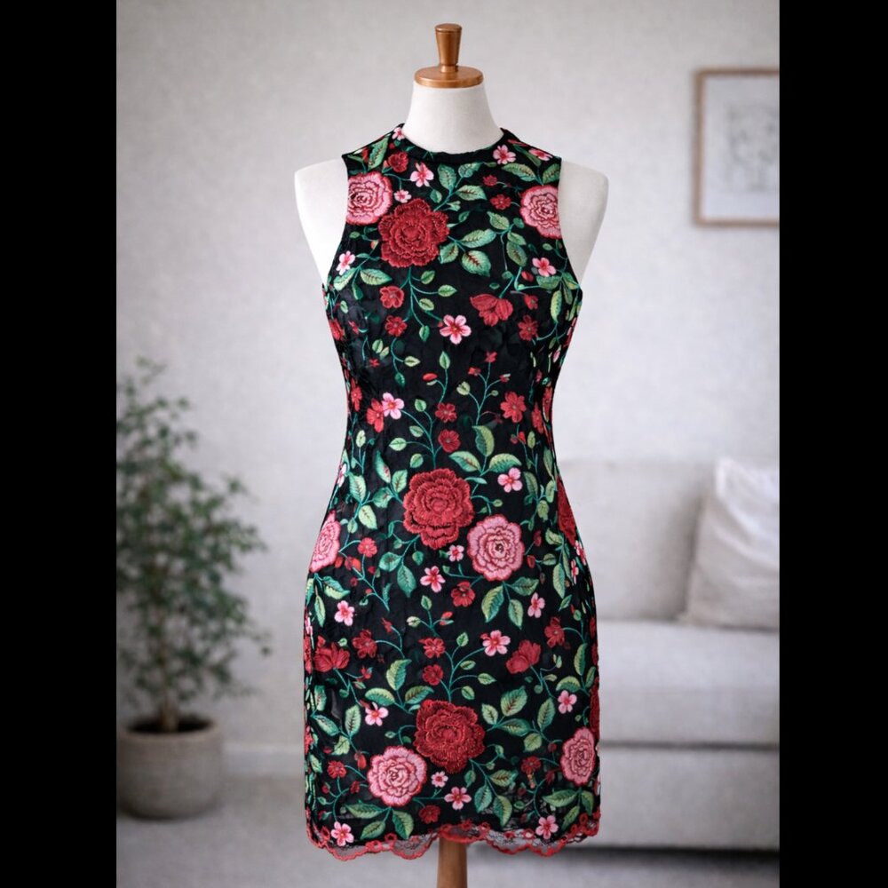 Aidanโ Mattox Embroidered Floral Cocktail Dress Womens 12 Black Formal